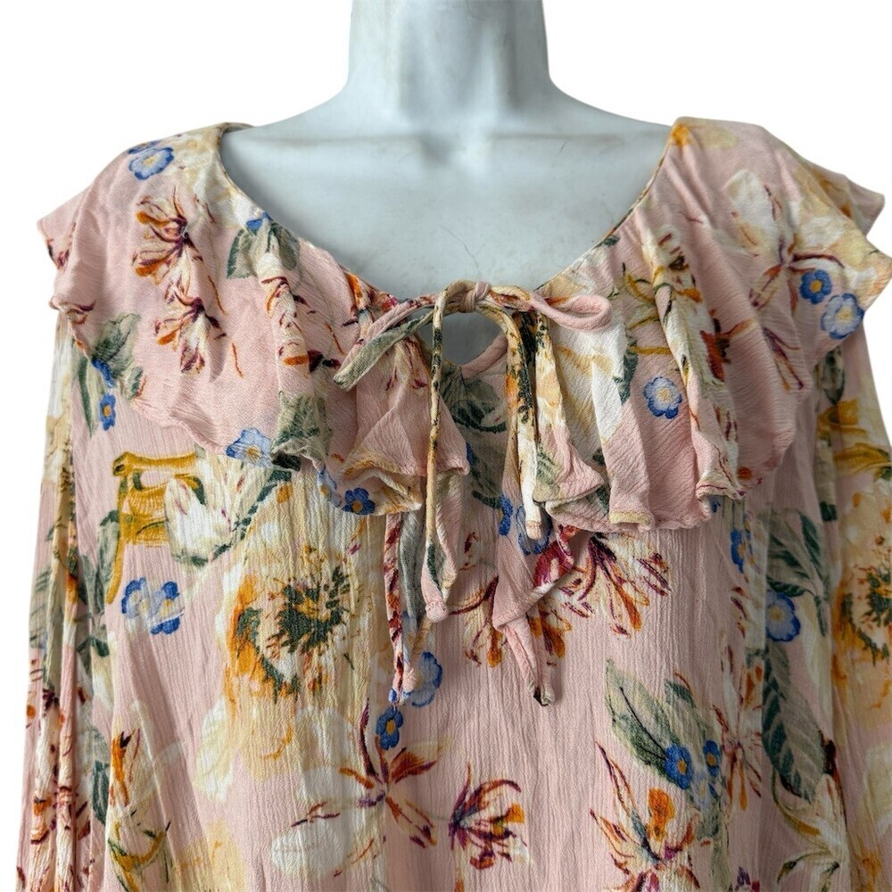 Haute Hippie Tribe Blouse 3X Pink Floral Ruffle Tie-Neck Boho Peasant Cottage - Picture 3 of 8